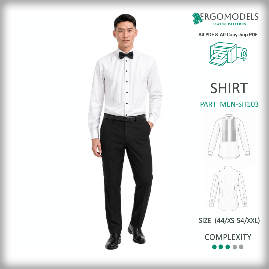 Men's formal fitted shirt SH103 PDF sewing pattern — decorative stitched tucks, classic collar, sizes XS/44–XXL/54 | Ergomodels
