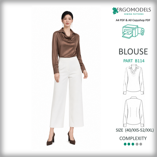 Women's blouse B114 — draped cowl neckline, front view on model, elegant silhouette for silk and satin fabrics
