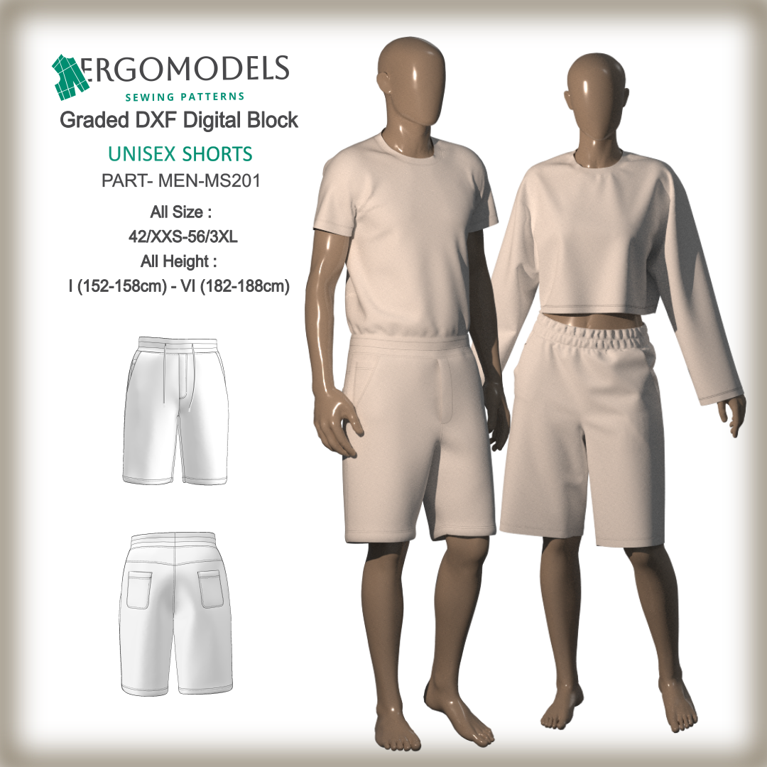Free unisex shorts DXF sewing pattern MS201 — cover image all sizes by Ergomodels