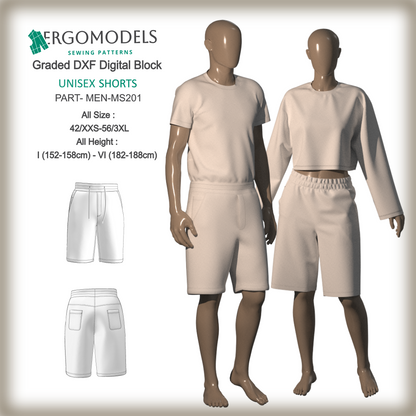 Free unisex shorts DXF sewing pattern MS201 — cover image all sizes by Ergomodels