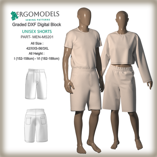 Free unisex shorts DXF sewing pattern MS201 — cover image all sizes by Ergomodels