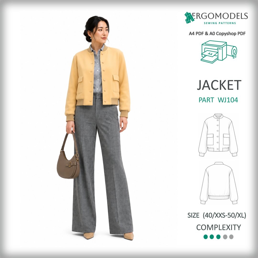 Women's jacket WJ104 sewing pattern — 3D back view, relaxed fit, rib hem