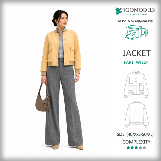 Women's jacket WJ104 sewing pattern — 3D back view, relaxed fit, rib hem