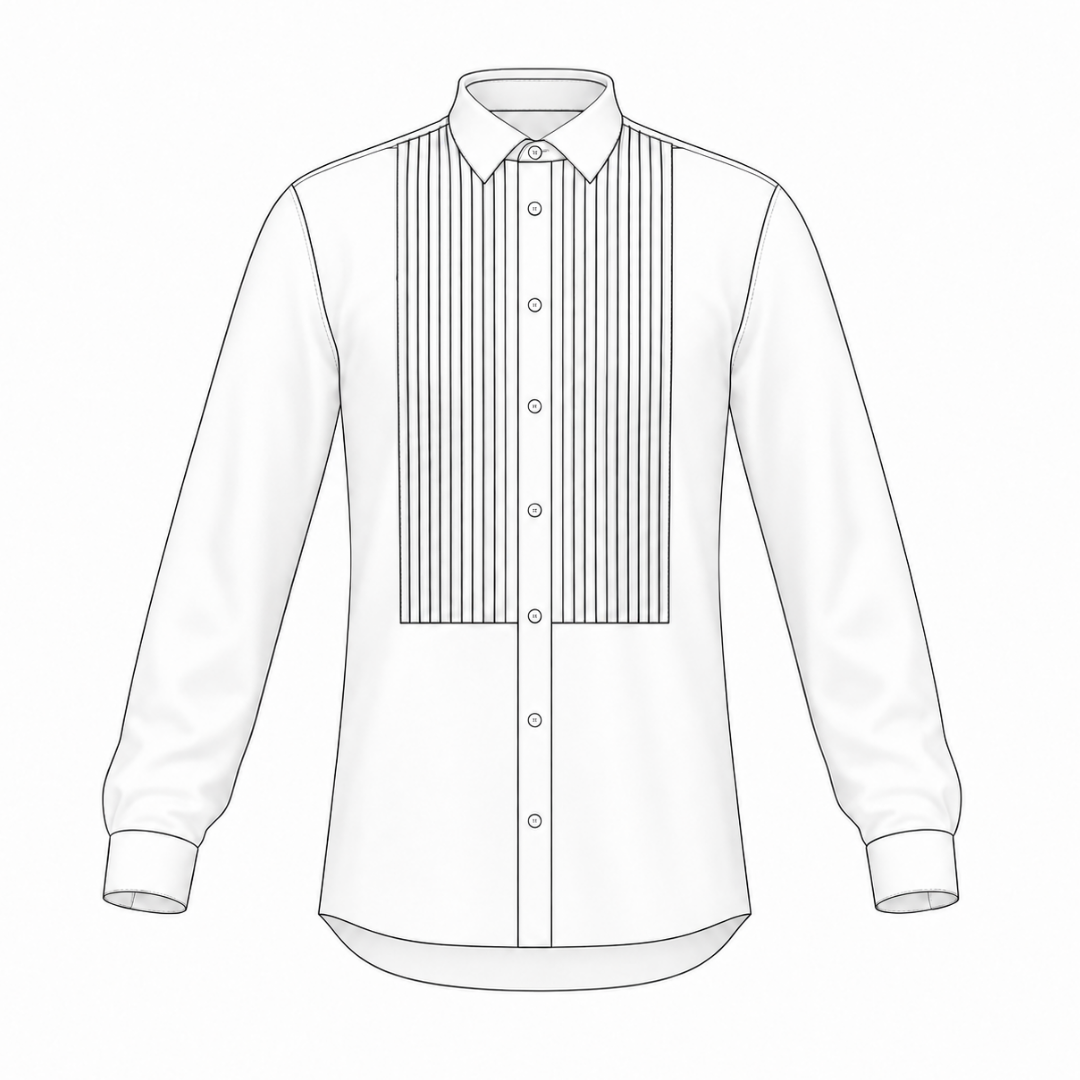 Men's shirt SH103 — technical flat sketch front view: classic collar, decorative stitched tucks, button placket, long sleeves with cuffs | Ergomodels
