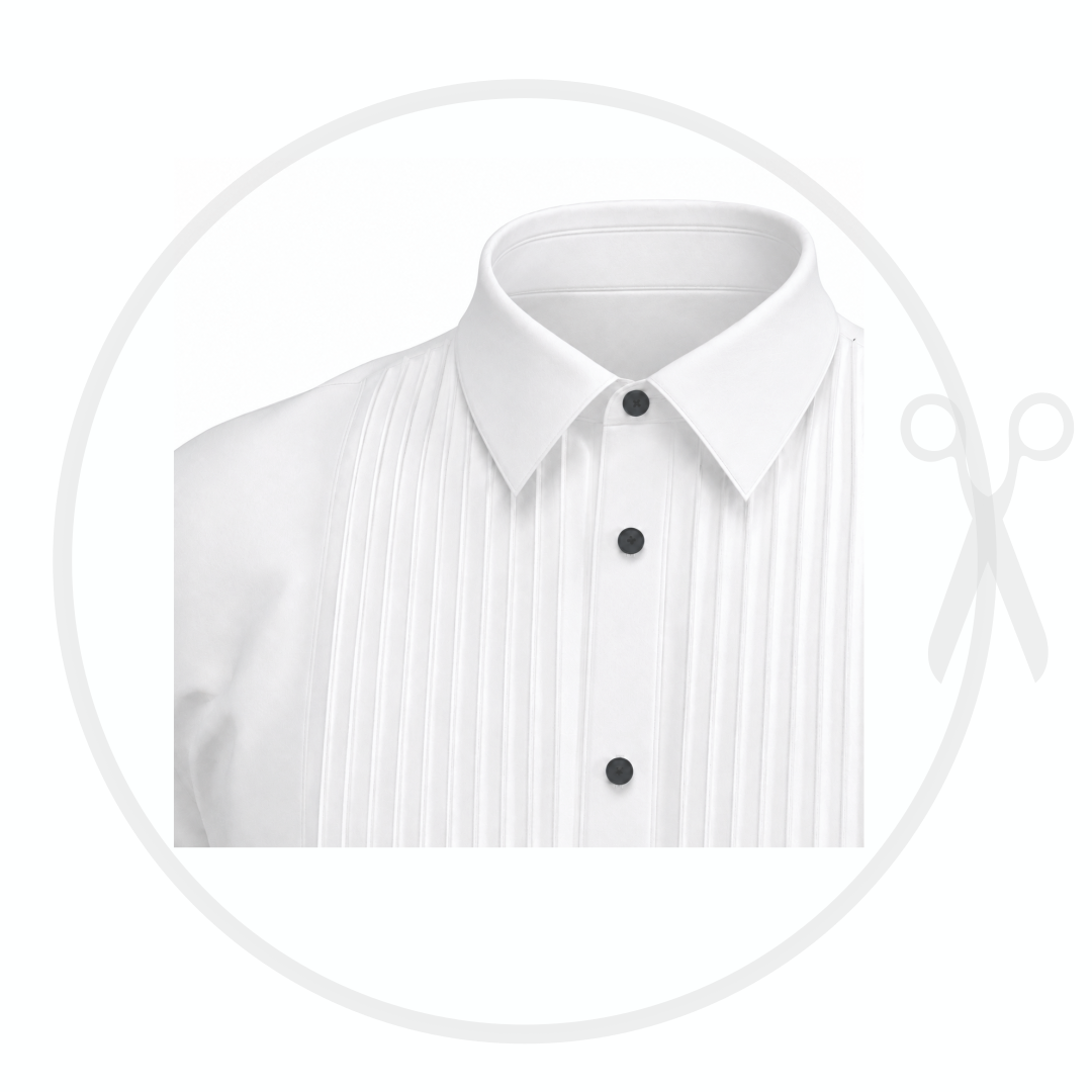 Men's formal shirt SH103 — close-up detail: classic turn-down collar, symmetrical decorative stitched tucks (3mm), black buttons, white cotton satin | Ergomodels
