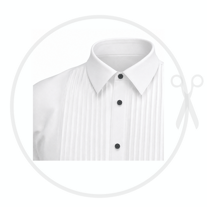 Men's formal shirt SH103 — close-up detail: classic turn-down collar, symmetrical decorative stitched tucks (3mm), black buttons, white cotton satin | Ergomodels
