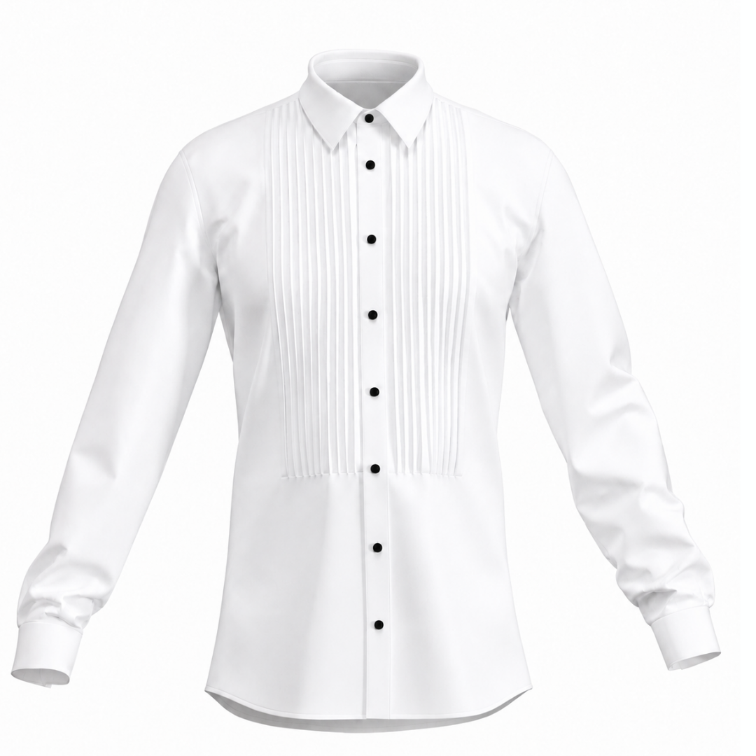 Men's formal shirt SH103 — front view on model, white formal shirt with decorative tucks and bow tie, fitted silhouette
