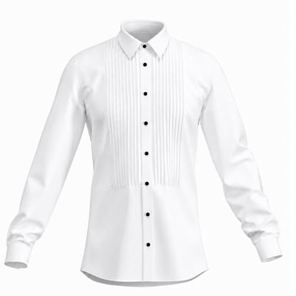 Men's formal shirt SH103 — front view on model, white formal shirt with decorative tucks and bow tie, fitted silhouette
