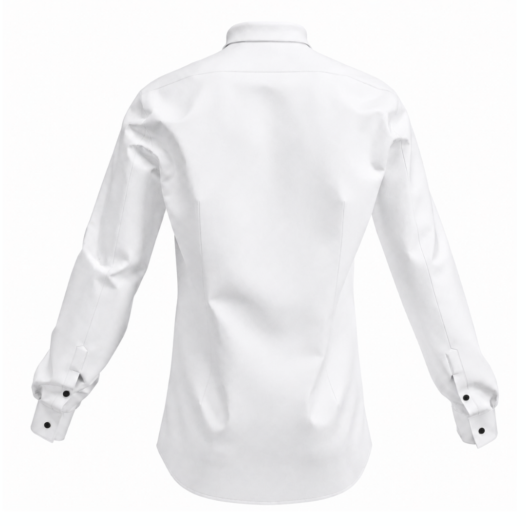 Men's formal shirt SH103 — side view on model, fitted silhouette, long sleeves, white formal shirt with decorative tucks
