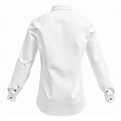 Men's formal shirt SH103 — side view on model, fitted silhouette, long sleeves, white formal shirt with decorative tucks
