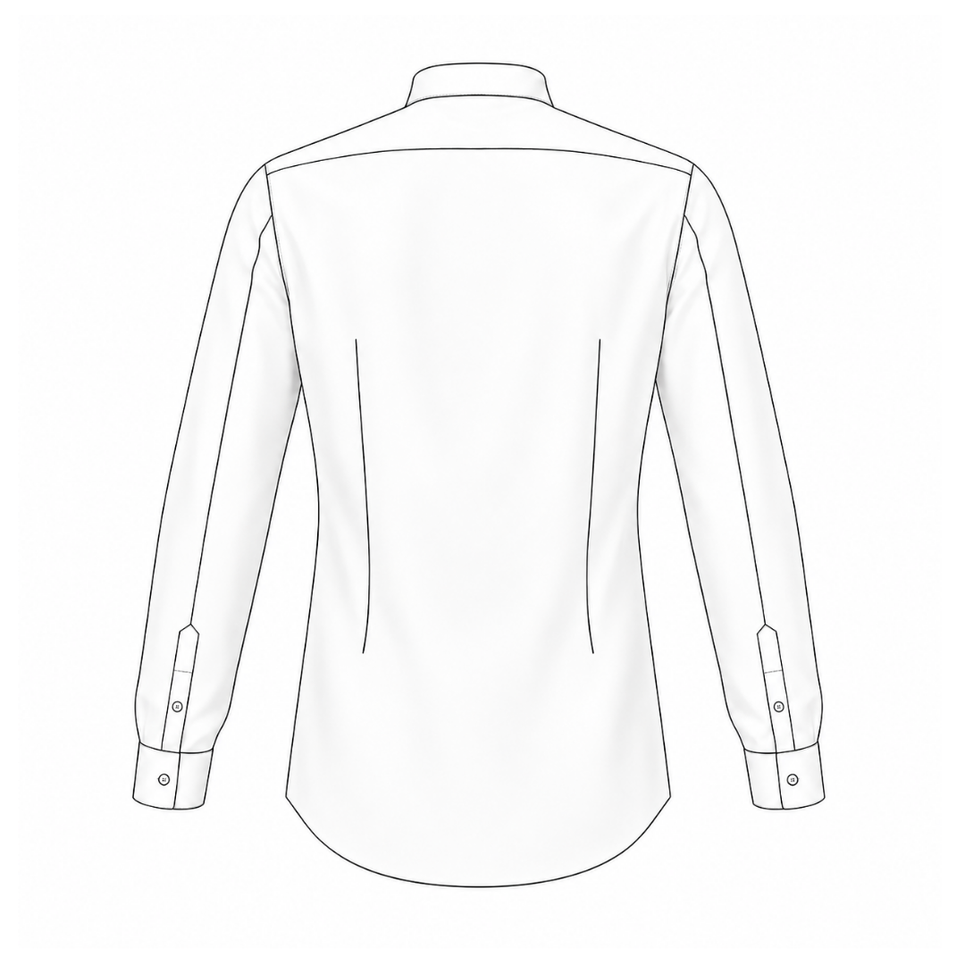Men's shirt SH103 — technical flat sketch back view: fitted silhouette, waist darts, long sleeves with cuffs | Ergomodels
