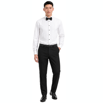 Men's formal shirt SH103 — front view on model, white fitted shirt with decorative stitched tucks, bow tie, sizes XS/44–XXL/54 | Ergomodels
