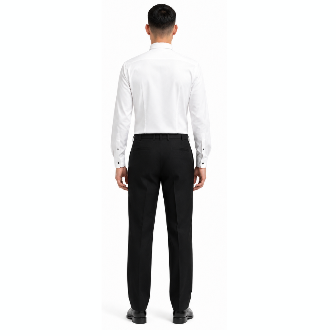 Men's formal shirt SH103 — back view on model, fitted silhouette with waist darts, white formal shirt, long sleeves | Ergomodels
