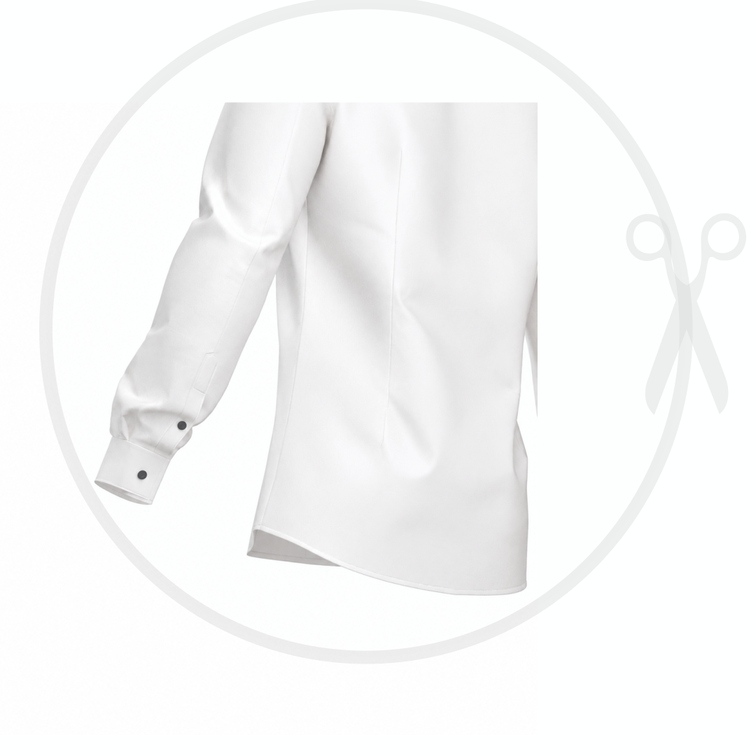 Men's shirt SH103 — close-up detail: long sleeve with cuff, fitted silhouette, waist dart, white formal shirt | Ergomodels
