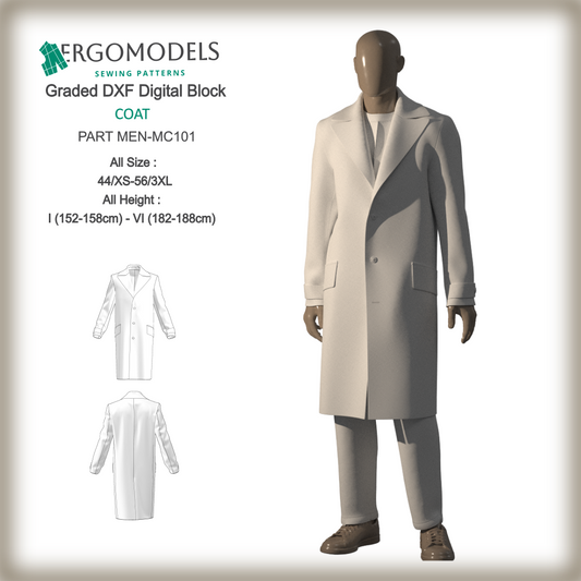 Men's digital sewing pattern for long overcoat MEN-MC101 by ERGOMODELS. Available in sizes 44/XS to 56/3XL. Advanced difficulty level. PDF and DXF formats.