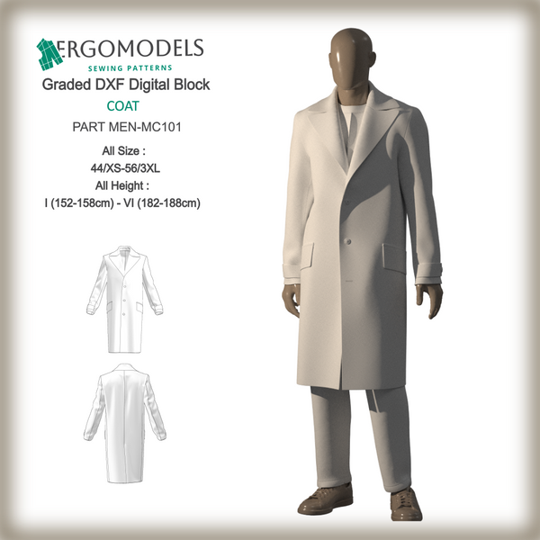 Men's digital sewing pattern for long overcoat MEN-MC101 by ERGOMODELS. Available in sizes 44/XS to 56/3XL. Advanced difficulty level. PDF and DXF formats.