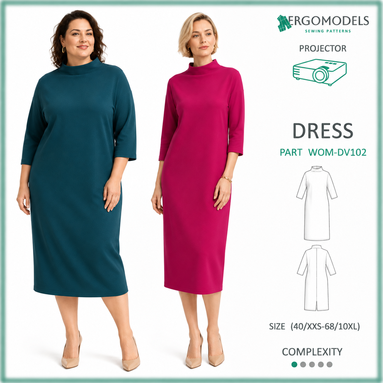 Women's dress projector sewing pattern DV102 — cover image all sizes by Ergomodels
