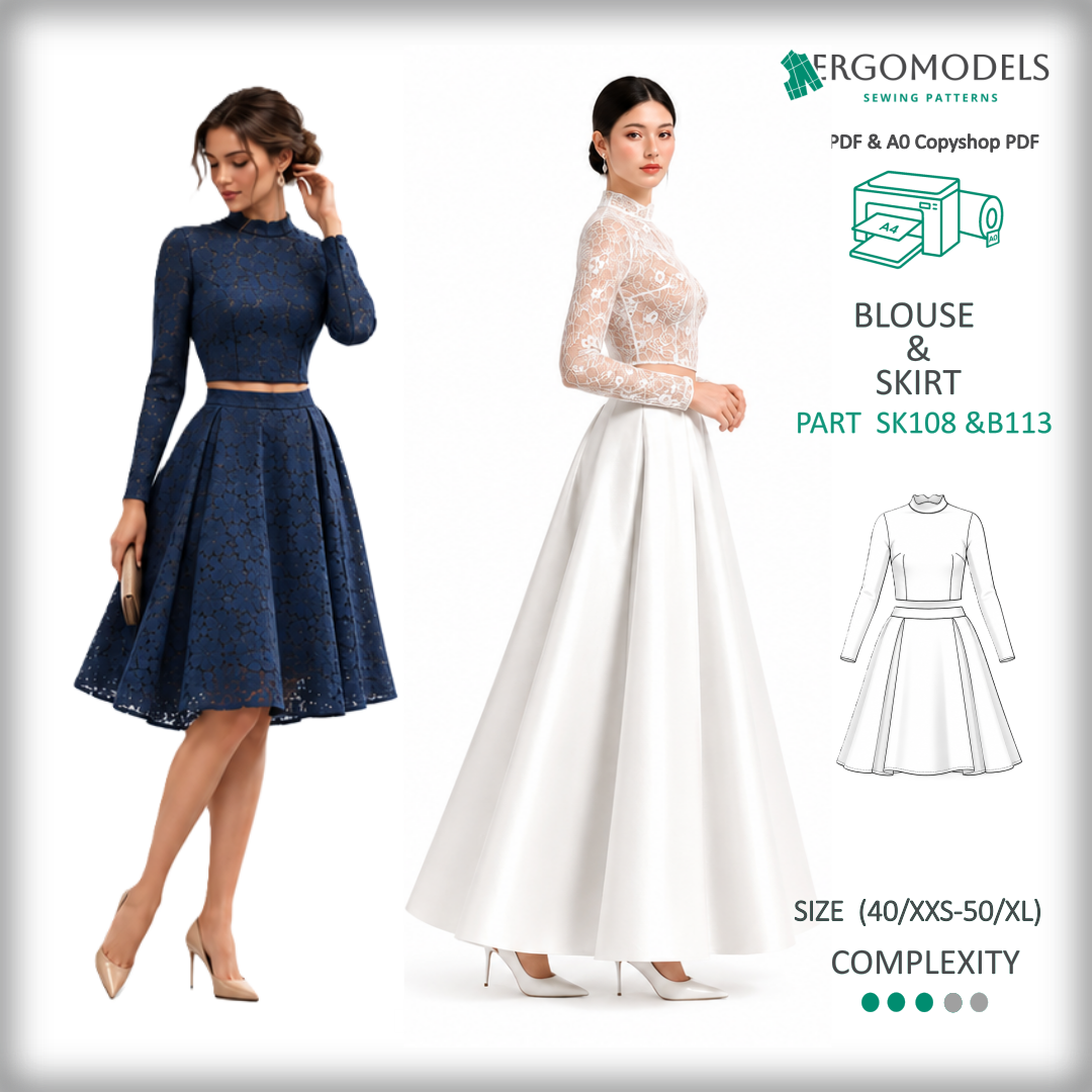 Women's skirt SK108 and blouse B113 PDF sewing pattern set — from everyday to wedding looks | Ergomodels
