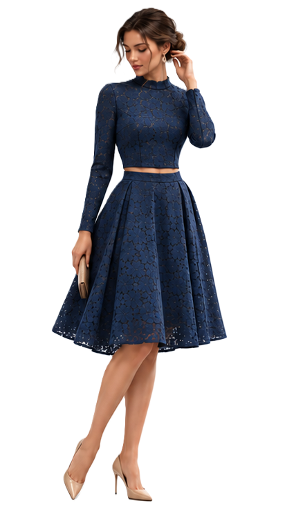 Women's blouse B113 and skirt SK108 — navy lace midi set on model, front view

