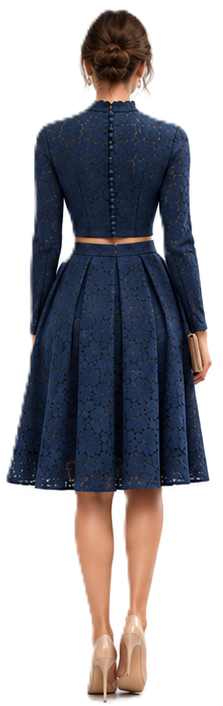 Women's blouse B113 and skirt SK108 — navy lace midi set on model, back view
