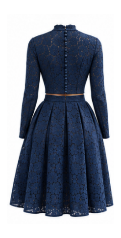 Women's blouse B113 — navy lace, back view with button closure and long sleeves
