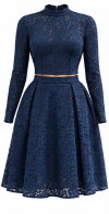 Women's blouse B113 and skirt SK108 — navy lace set, front view, formal look
