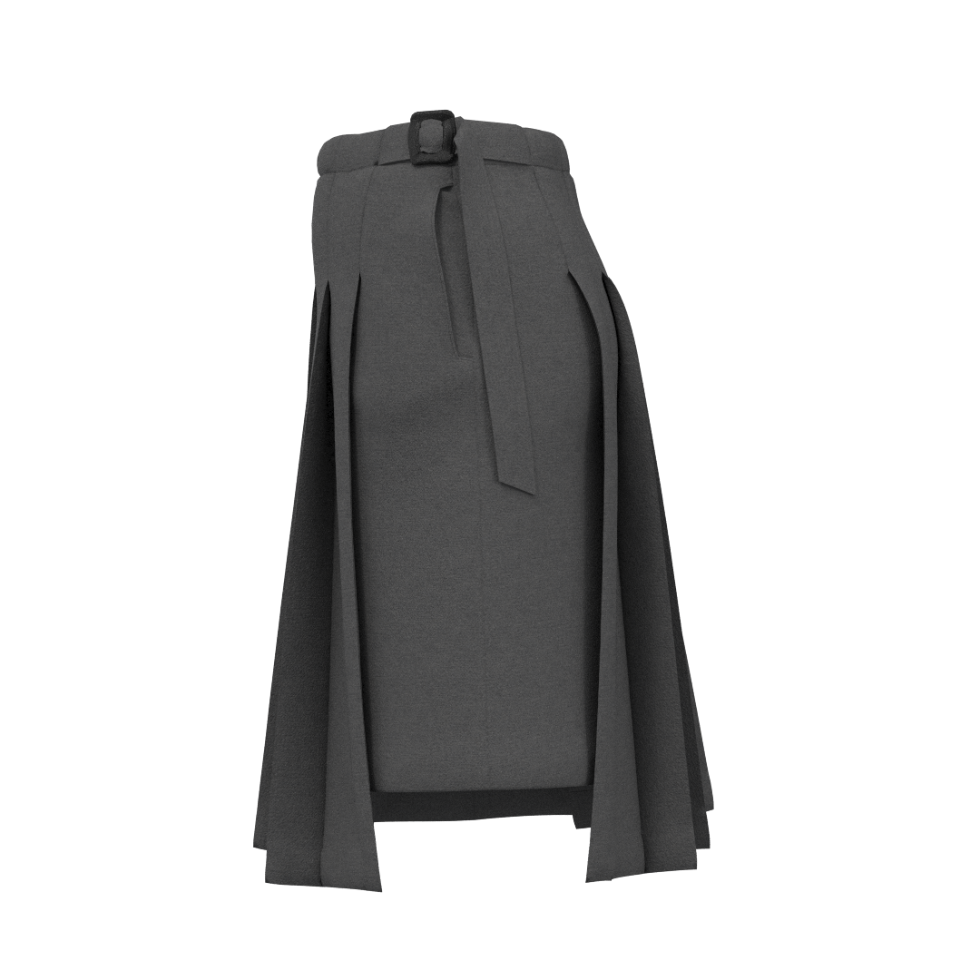 Women's skirt SK105 — side view, asymmetric hem and belt detail
