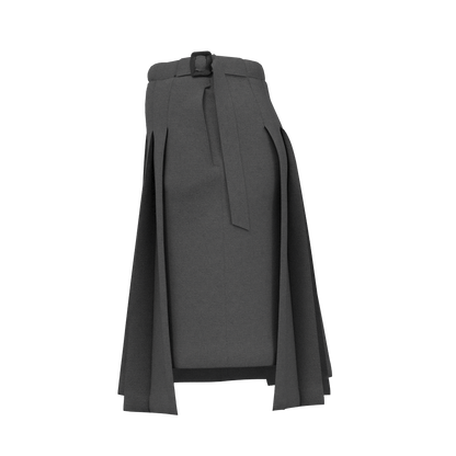 Women's skirt SK105 — side view, asymmetric hem and belt detail
