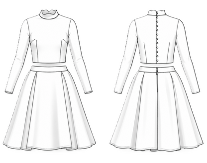 Women's blouse B113 and skirt SK108 — technical flat sketch, front and back views, sewing pattern SK108 & B113
