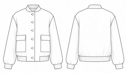 Women's jacket WJ104 — technical flat sketch, front and back views
