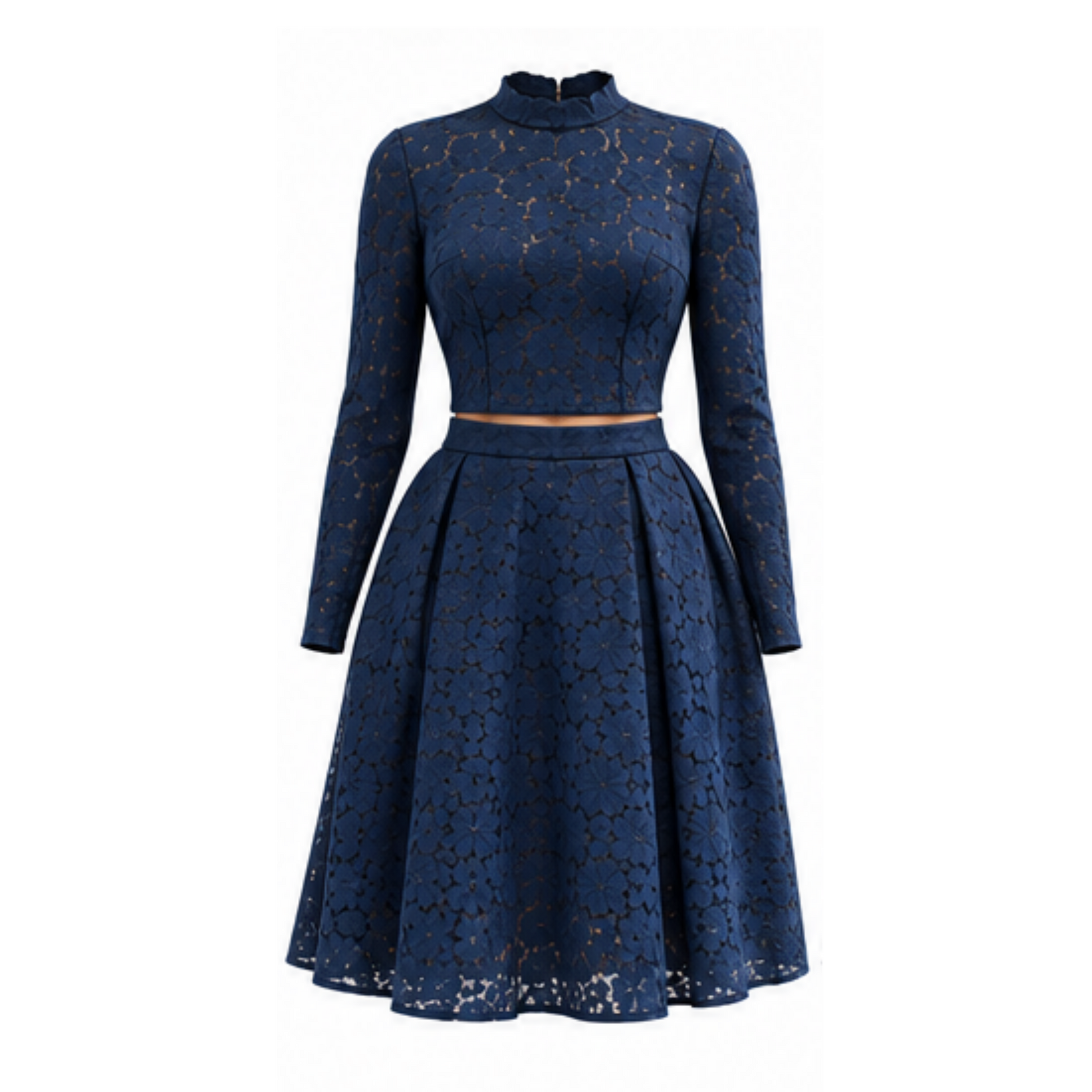 Women's blouse B113 and skirt SK108 — navy lace set, front view, formal look
