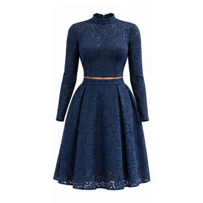 Women's blouse B113 and skirt SK108 — navy lace set, front view, formal look
