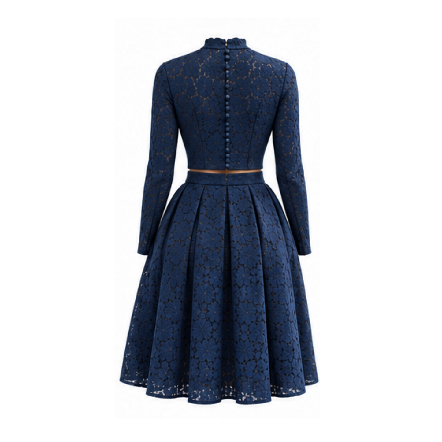 Women's blouse B113 — navy lace, back view with button closure and long sleeves
