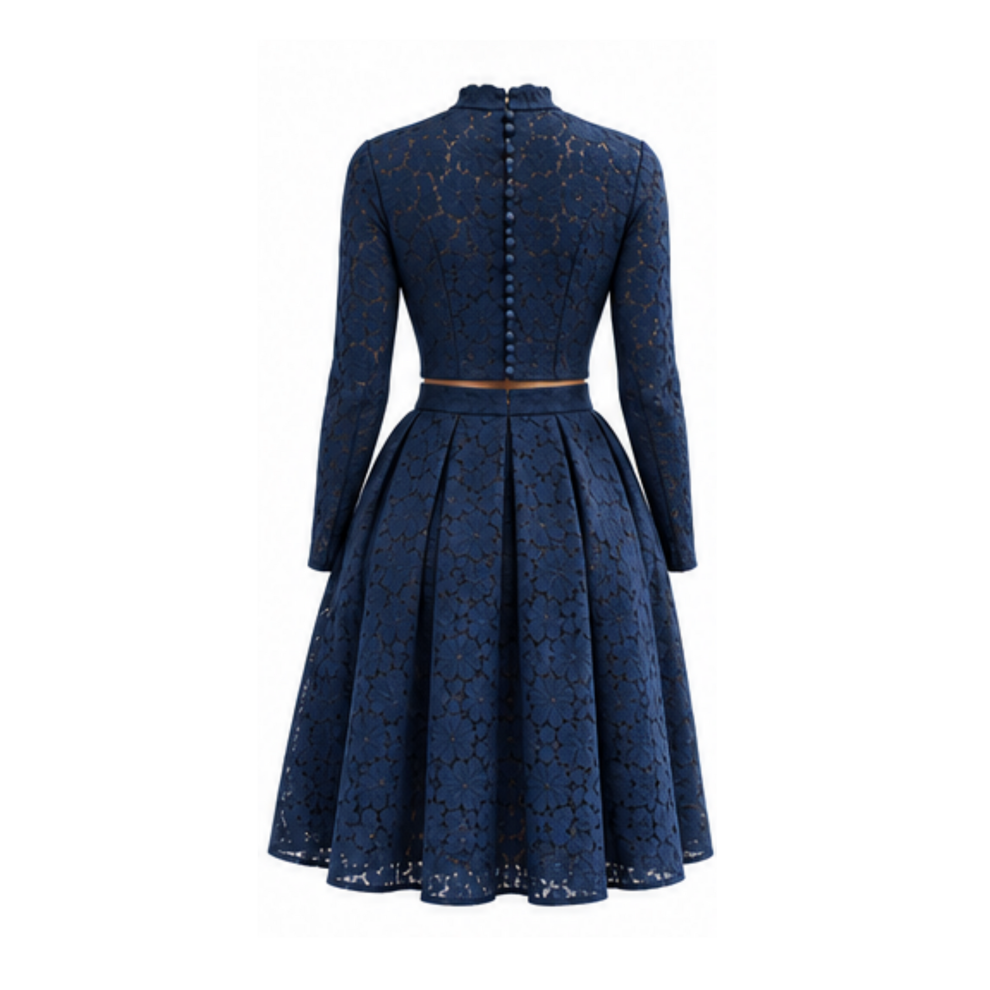 Women's blouse B113 — navy lace, back view with button closure and long sleeves
