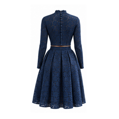 Women's blouse B113 — navy lace, back view with button closure and long sleeves
