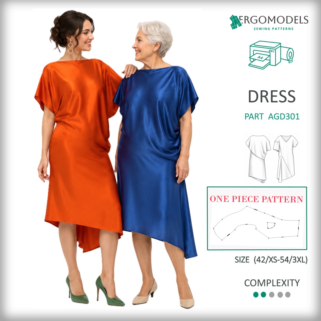 Women's dress sewing pattern PDF AGD301 — cover image asymmetric design by Ergomodels
