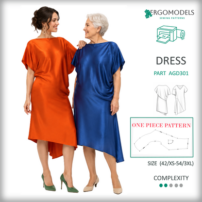 Women's dress sewing pattern PDF AGD301 — cover image asymmetric design by Ergomodels
