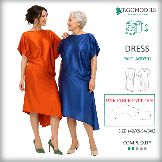 Women's dress sewing pattern PDF AGD301 — cover image asymmetric design by Ergomodels
