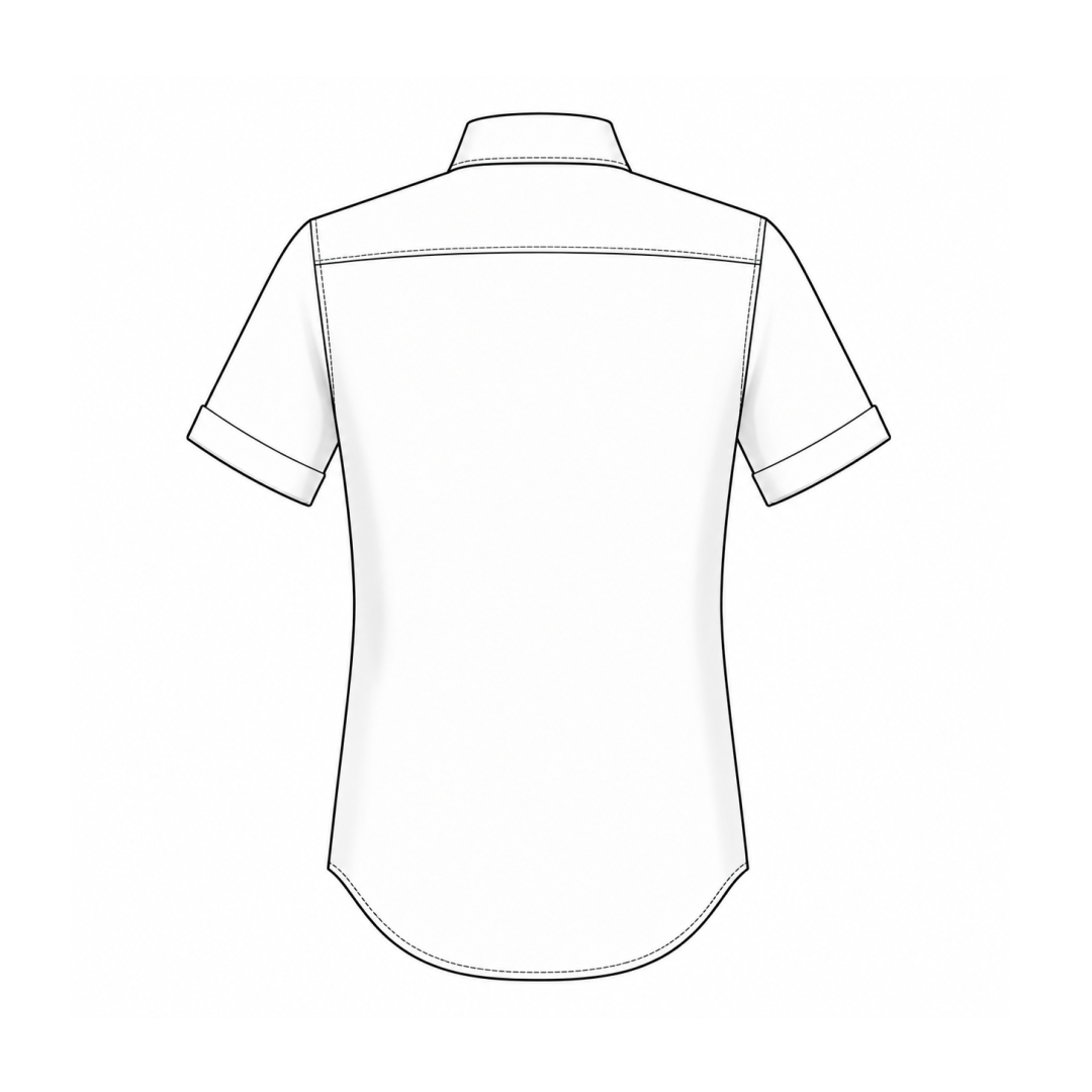 Men's shirt SH102 — technical flat sketch back view: yoke seam, fitted silhouette, curved hem, short sleeves with cuff
