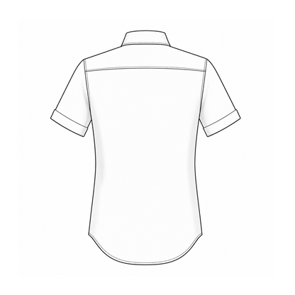 Men's shirt SH102 — technical flat sketch back view: yoke seam, fitted silhouette, curved hem, short sleeves with cuff
