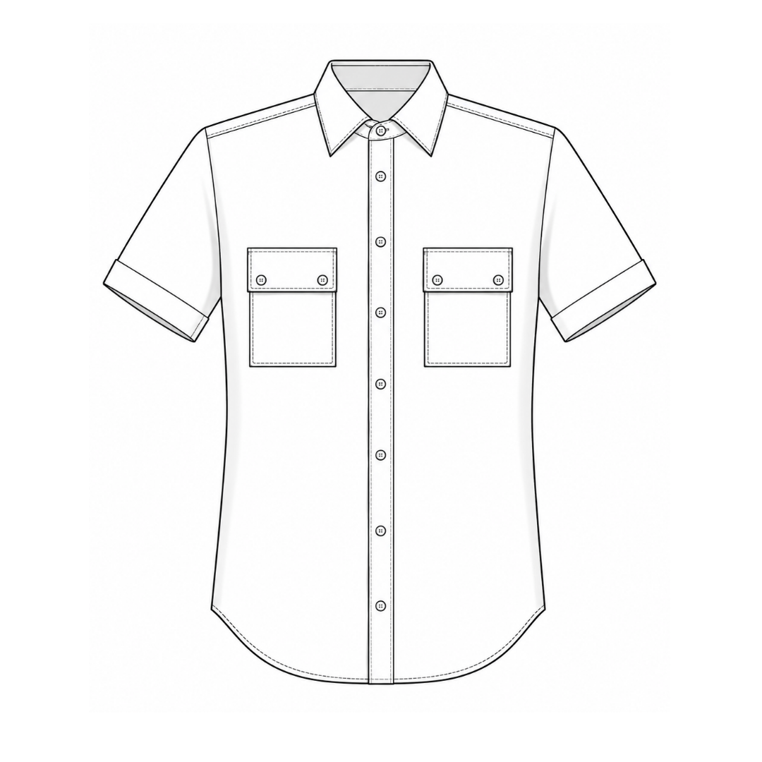Men's shirt SH102 — technical flat sketch front view: collar with stand, button placket, two patch pockets with flaps, short sleeves
