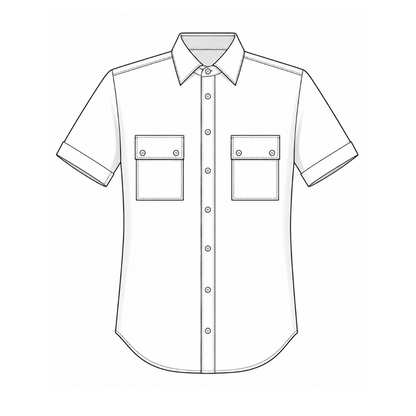 Men's shirt SH102 — technical flat sketch front view: collar with stand, button placket, two patch pockets with flaps, short sleeves
