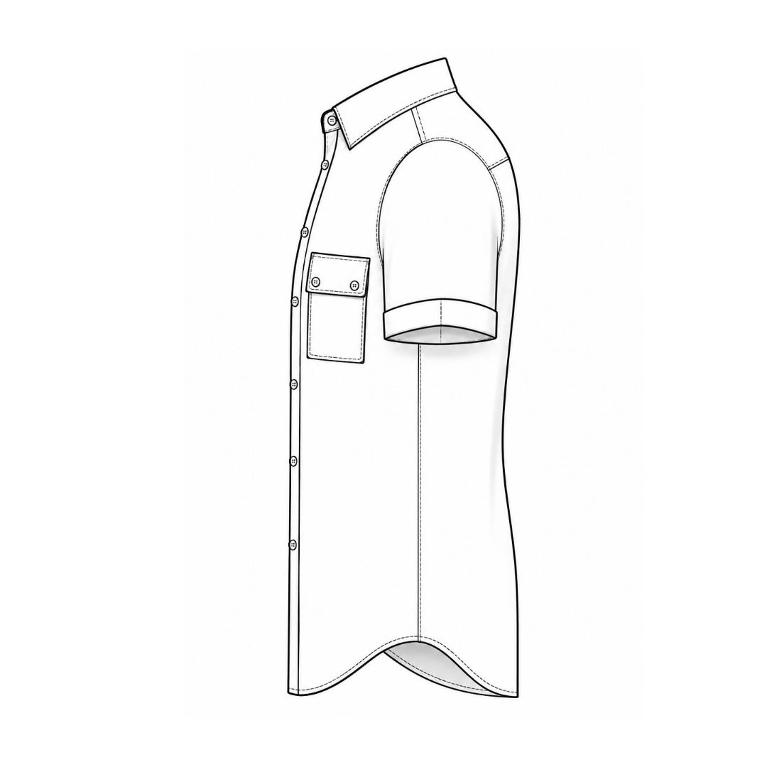 Men's shirt SH102 — technical flat sketch side view: fitted silhouette, sleeve cap, curved hem, patch pocket with flap
