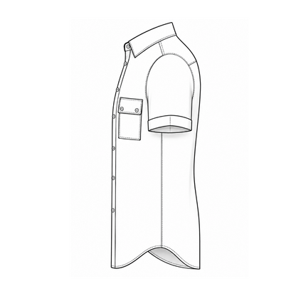 Men's shirt SH102 — technical flat sketch side view: fitted silhouette, sleeve cap, curved hem, patch pocket with flap
