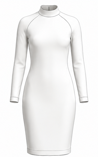 Technical flat sketch — women's dress DV202, front view, long raglan sleeve and mock neck
