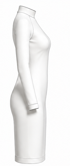 Technical flat sketch — women's dress DV202, side view, fitted silhouette above knee
