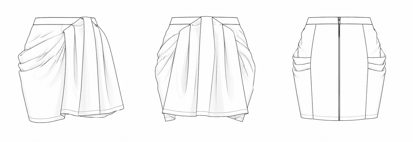 Technical flat sketch — women's mini skirt sewing pattern SK101

