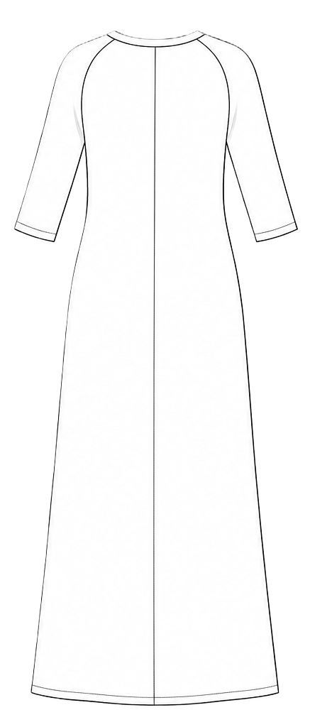 Technical flat sketch — women's knit dress DV109, back view, raglan sleeve construction
