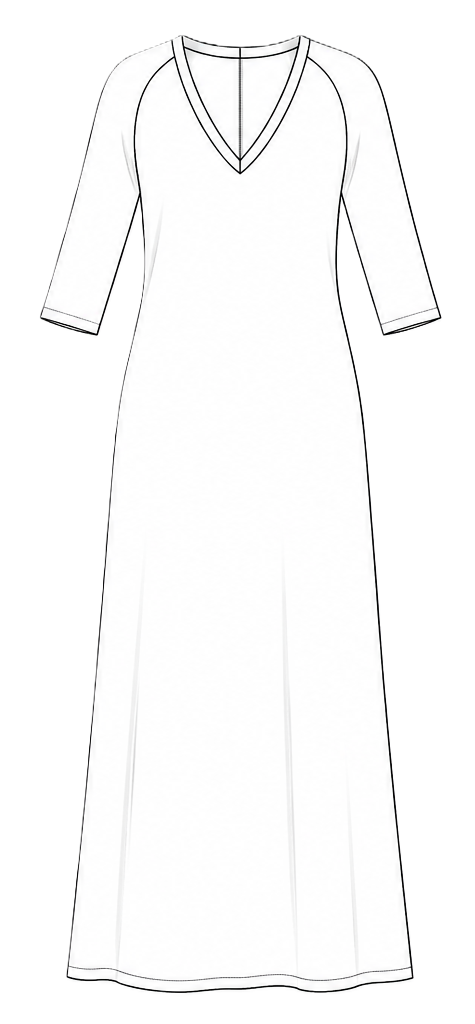 Technical flat sketch — women's knit dress DV109, front view, V-neck and raglan sleeve
