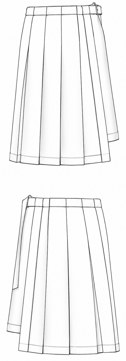 Technical flat sketch — women's asymmetric wrap skirt sewing pattern SK105, front and back views
